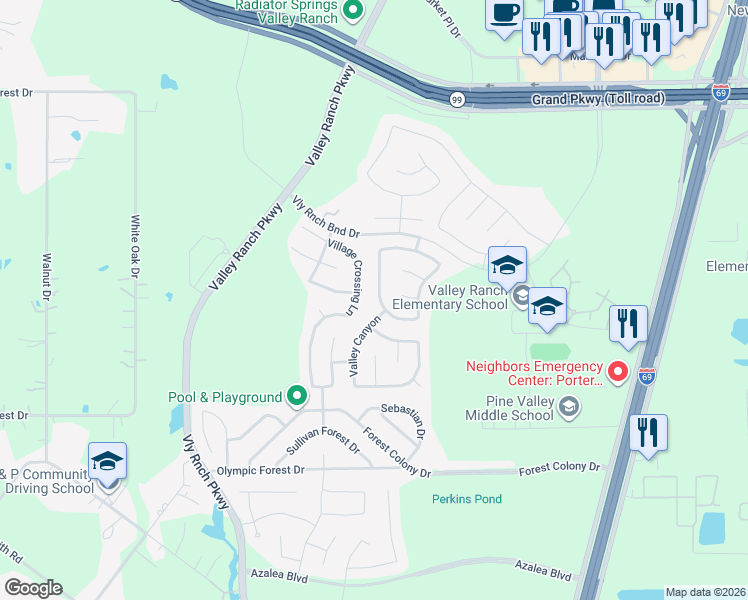 map of restaurants, bars, coffee shops, grocery stores, and more near 22510 Valley Canyon in Porter