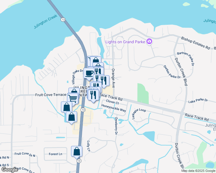 map of restaurants, bars, coffee shops, grocery stores, and more near 1627 Race Track Road in Fruit Cove