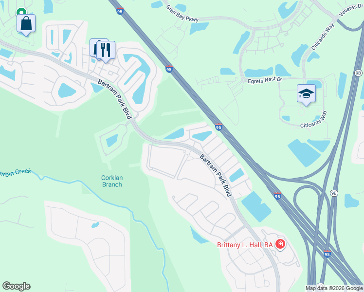 map of restaurants, bars, coffee shops, grocery stores, and more near 13990 Bartram Park Boulevard in Jacksonville