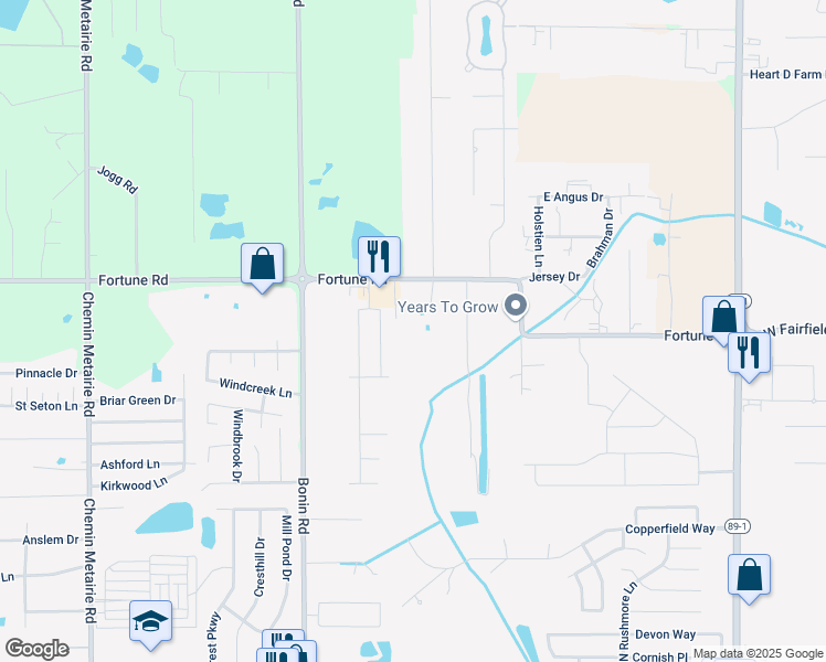 map of restaurants, bars, coffee shops, grocery stores, and more near 500 Blk Albertson Parkway in Broussard