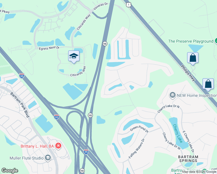 map of restaurants, bars, coffee shops, grocery stores, and more near 5869 Alamosa Circle in Jacksonville