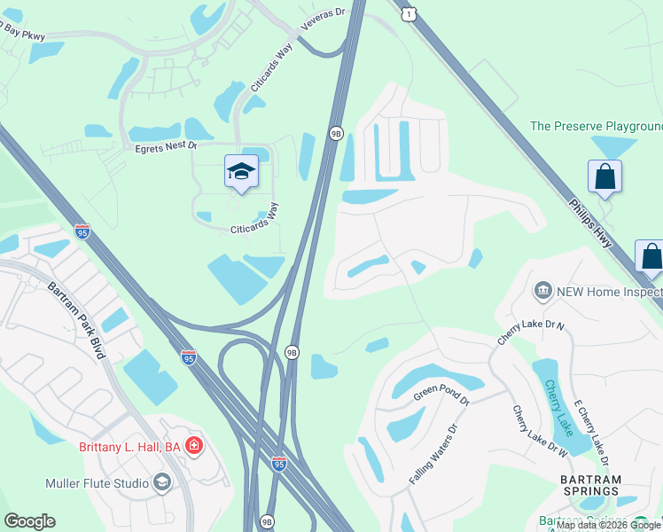 map of restaurants, bars, coffee shops, grocery stores, and more near 5900 Florala Court in Jacksonville