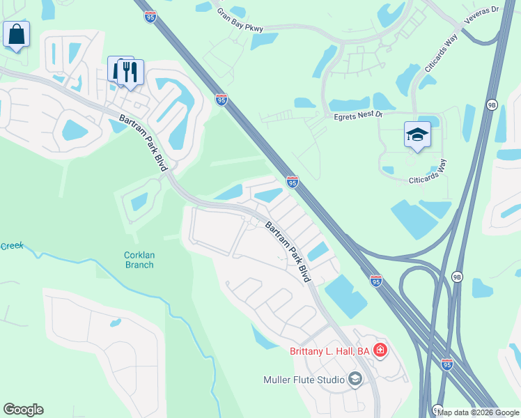 map of restaurants, bars, coffee shops, grocery stores, and more near 14010 Berryview Road in Jacksonville