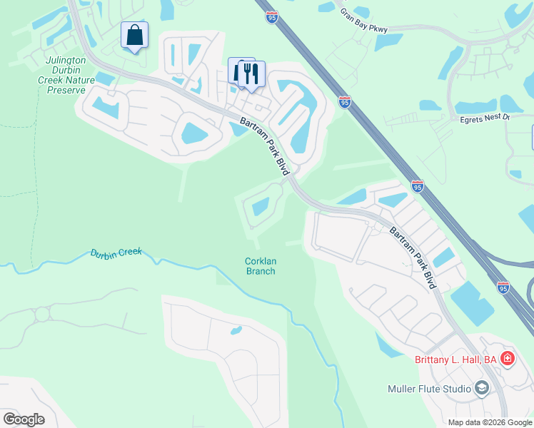 map of restaurants, bars, coffee shops, grocery stores, and more near 6617 Arching Branch Circle in Jacksonville