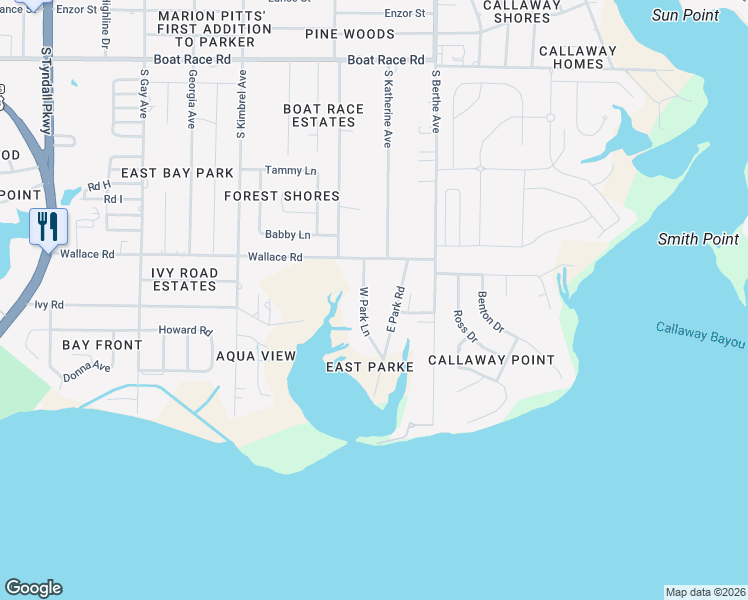 map of restaurants, bars, coffee shops, grocery stores, and more near 1410 East Park Road in Panama City