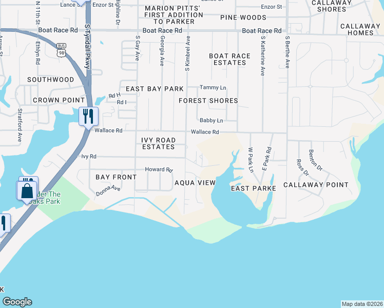 map of restaurants, bars, coffee shops, grocery stores, and more near 6214 Ivy Road in Panama City