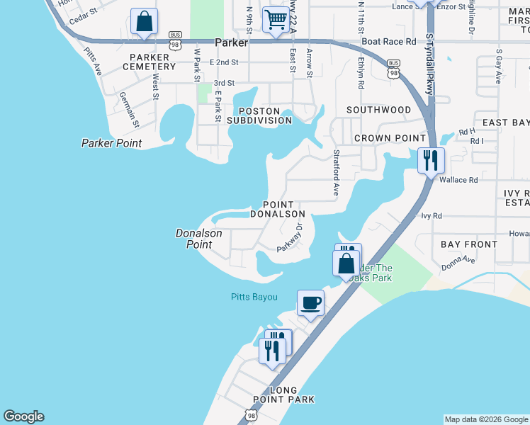 map of restaurants, bars, coffee shops, grocery stores, and more near 1503 Dover Road in Panama City