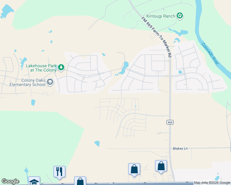 map of restaurants, bars, coffee shops, grocery stores, and more near George Neggan Lane in Bastrop