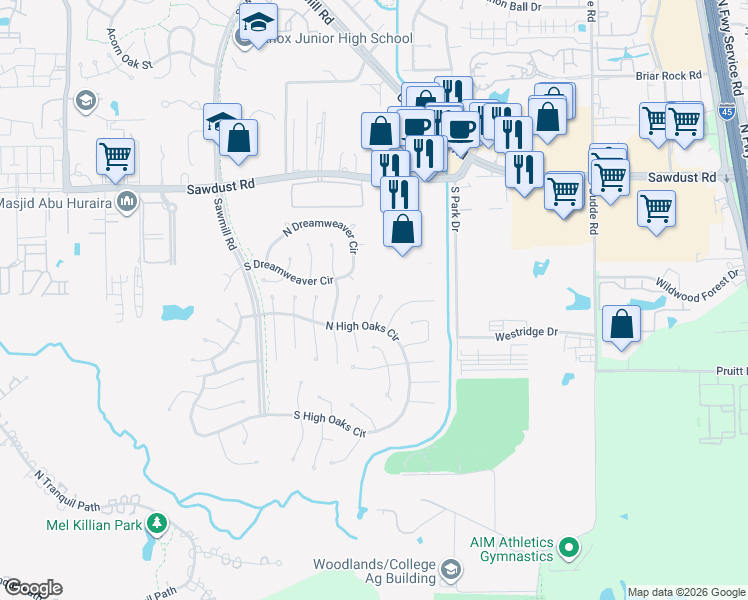 map of restaurants, bars, coffee shops, grocery stores, and more near 49 Wind Whisper Court in Spring