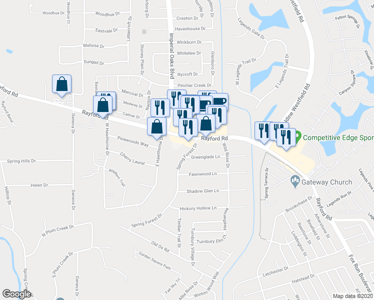 map of restaurants, bars, coffee shops, grocery stores, and more near 29907 Spring Forest Drive in Spring