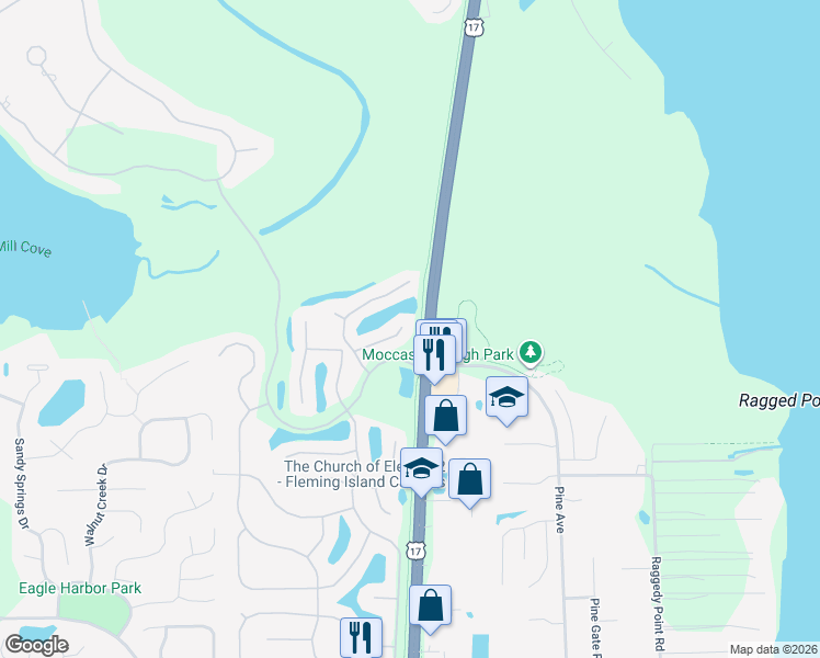 map of restaurants, bars, coffee shops, grocery stores, and more near 1511 Blue Heron Court in Orange Park