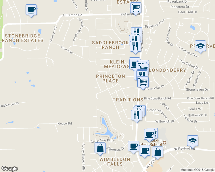 map of restaurants, bars, coffee shops, grocery stores, and more near 24830 Sandsusky Drive in Tomball