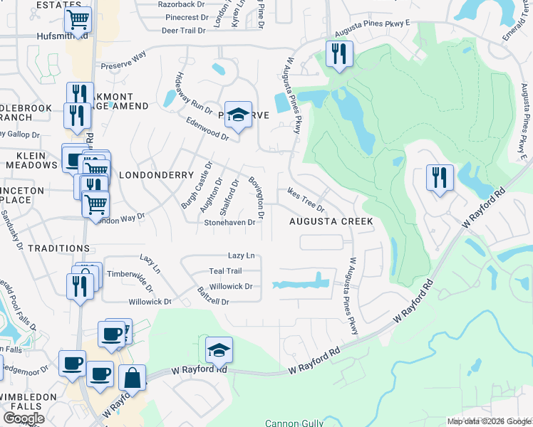 map of restaurants, bars, coffee shops, grocery stores, and more near 24919 Bovington Drive in Spring