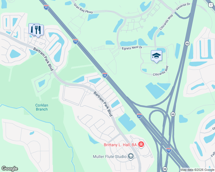 map of restaurants, bars, coffee shops, grocery stores, and more near 7008 Butterfield Court in Jacksonville