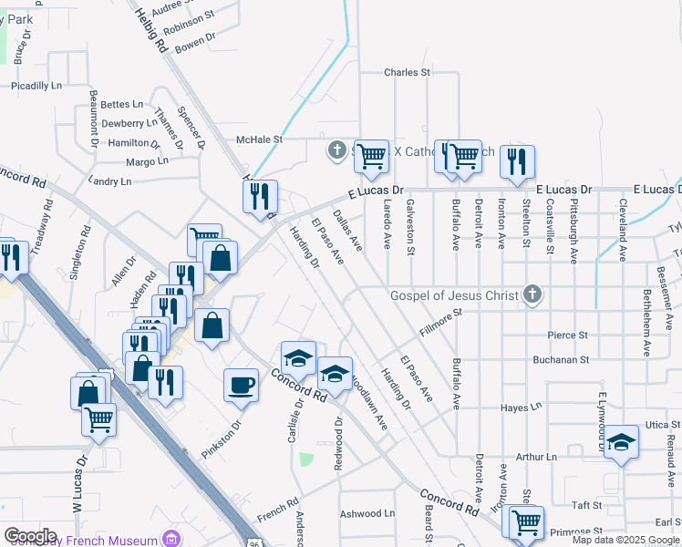 map of restaurants, bars, coffee shops, grocery stores, and more near 4530 Harding Drive in Beaumont