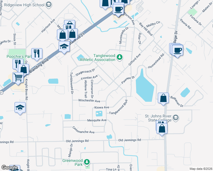 map of restaurants, bars, coffee shops, grocery stores, and more near 1215 Pioneer Drive in Orange Park