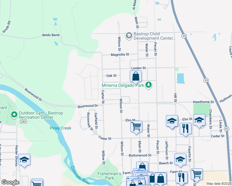 map of restaurants, bars, coffee shops, grocery stores, and more near 416 Persimmon Street in Bastrop