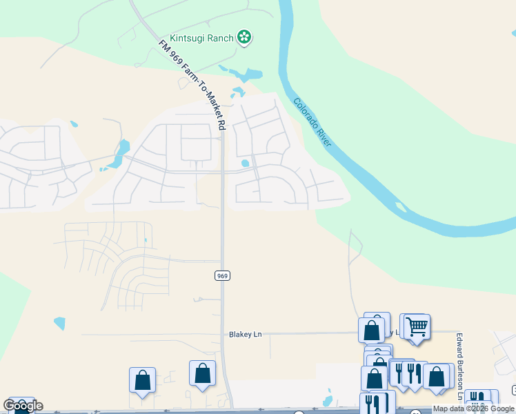 map of restaurants, bars, coffee shops, grocery stores, and more near 109 Thurston Drive in Bastrop