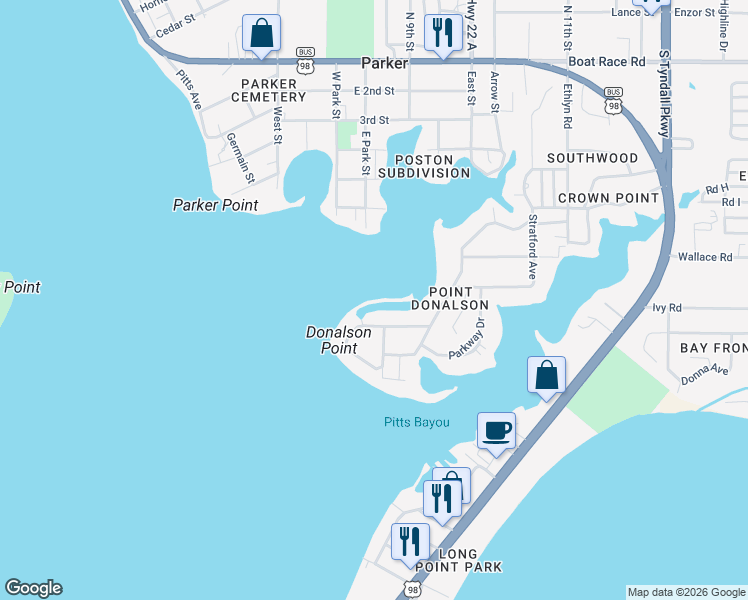 map of restaurants, bars, coffee shops, grocery stores, and more near 4735 Sunset Drive in Panama City