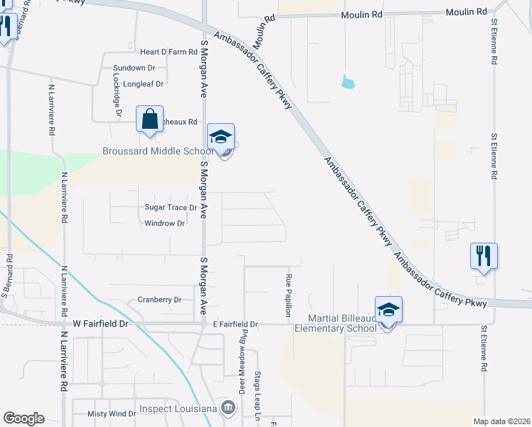 map of restaurants, bars, coffee shops, grocery stores, and more near Lexi Falls Lane in Broussard