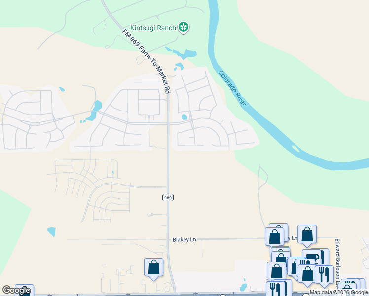 map of restaurants, bars, coffee shops, grocery stores, and more near 109 Thurston Drive in Bastrop