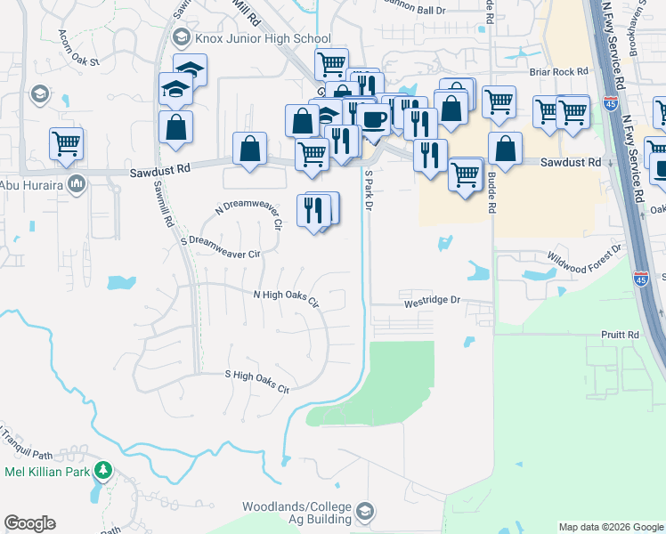 map of restaurants, bars, coffee shops, grocery stores, and more near 79 Wind Whisper Court in Spring
