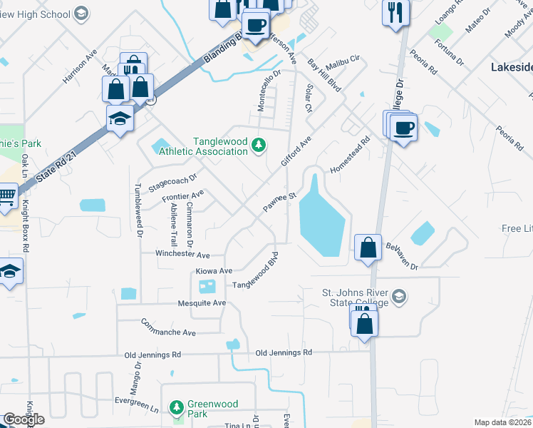 map of restaurants, bars, coffee shops, grocery stores, and more near 1484 Pawnee Street in Orange Park