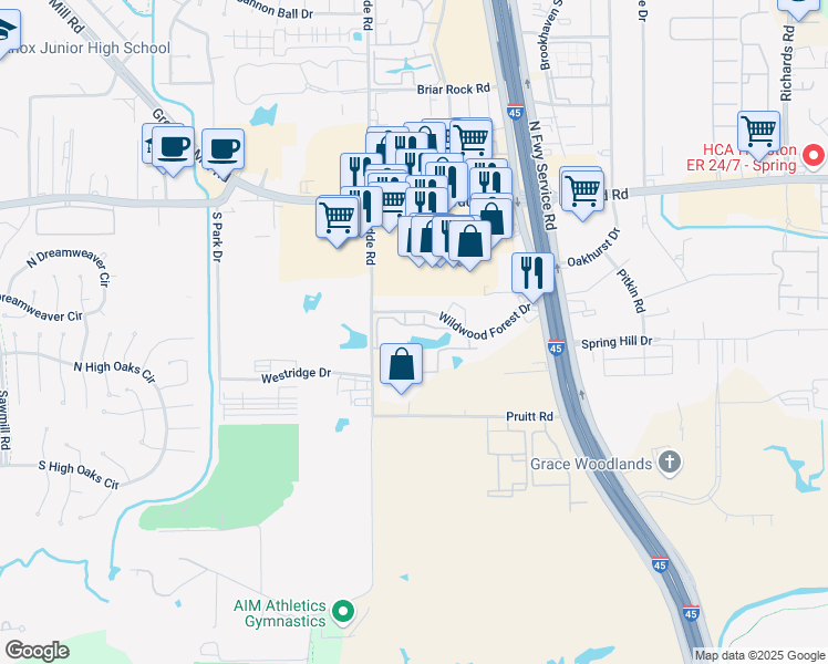 map of restaurants, bars, coffee shops, grocery stores, and more near 455 Wildwood Forest Drive in Spring