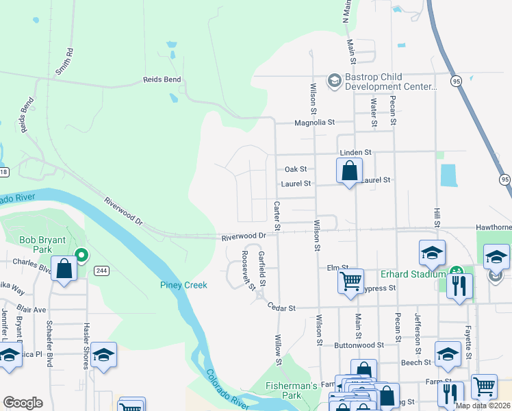 map of restaurants, bars, coffee shops, grocery stores, and more near 1618 Dragonfly Loop in Bastrop