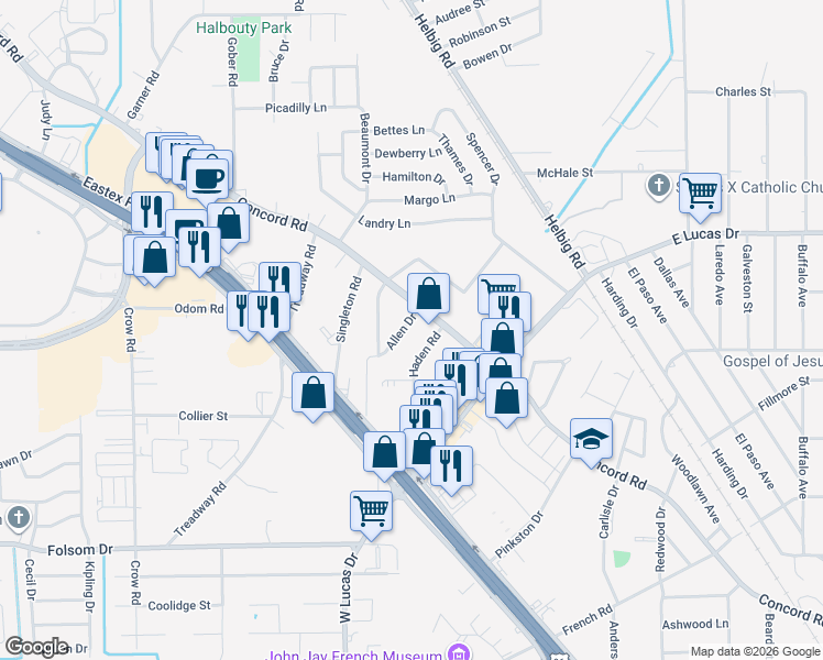 map of restaurants, bars, coffee shops, grocery stores, and more near 5240 Allen Drive in Beaumont