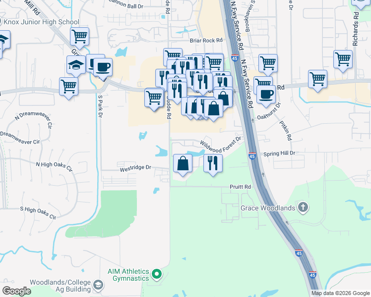 map of restaurants, bars, coffee shops, grocery stores, and more near 480 Wildwood Forest Drive in Spring