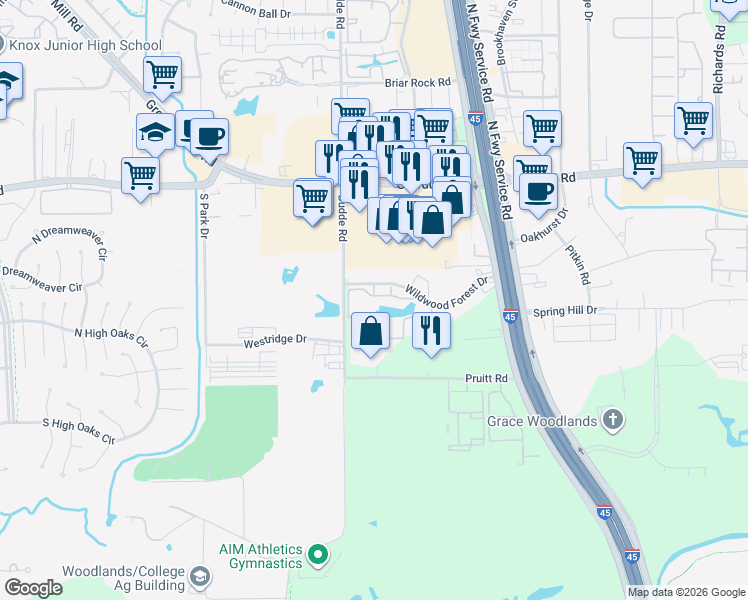 map of restaurants, bars, coffee shops, grocery stores, and more near 455 Wildwood Forest Drive in Spring