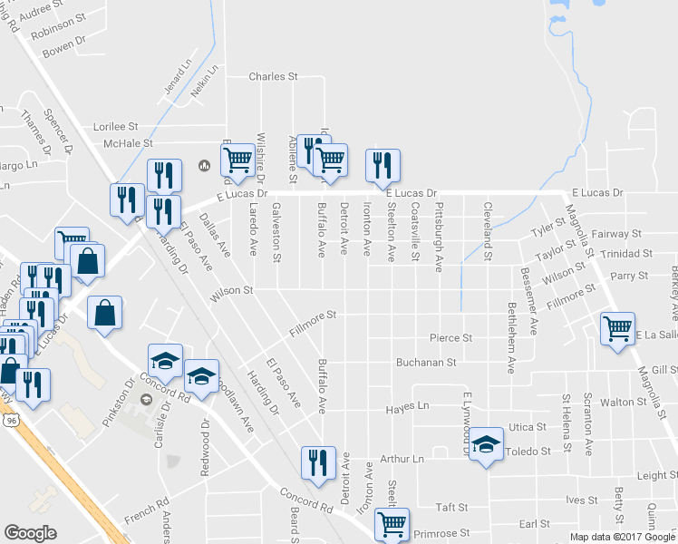 map of restaurants, bars, coffee shops, grocery stores, and more near 4565 Detroit Avenue in Beaumont