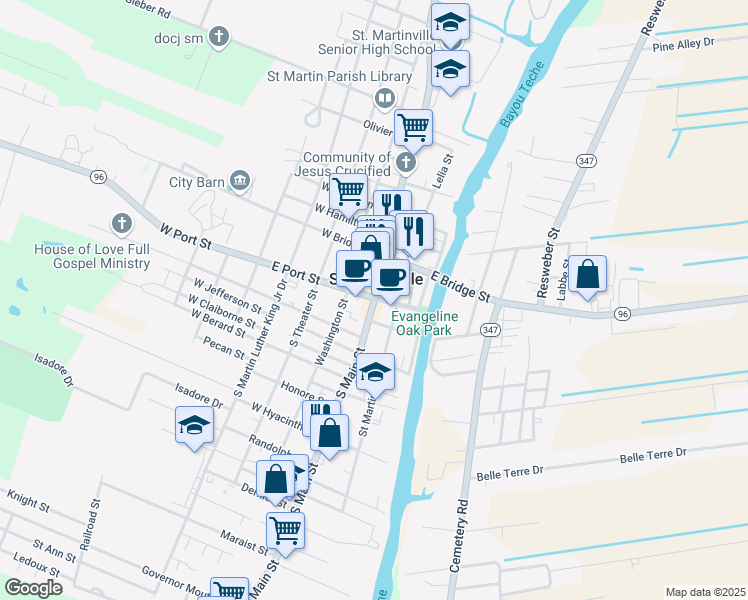 map of restaurants, bars, coffee shops, grocery stores, and more near in Saint Martinville
