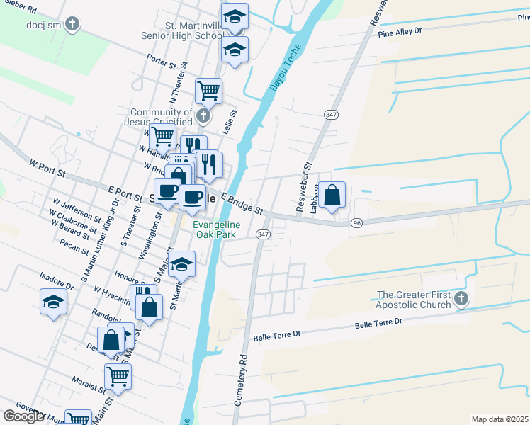 map of restaurants, bars, coffee shops, grocery stores, and more near 517 East Bridge Street in Saint Martinville