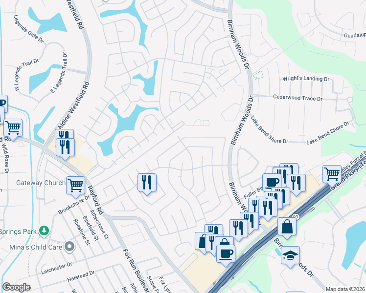 map of restaurants, bars, coffee shops, grocery stores, and more near 3310 Legends Creek Drive in Spring