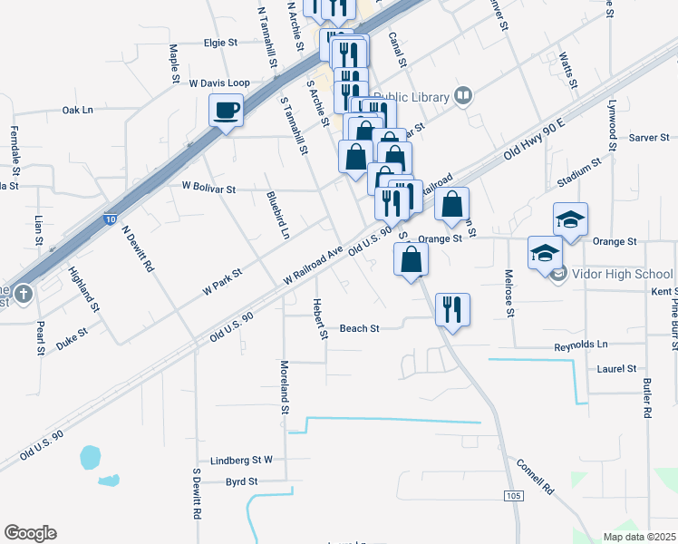 map of restaurants, bars, coffee shops, grocery stores, and more near 340 West Railroad Avenue in Vidor