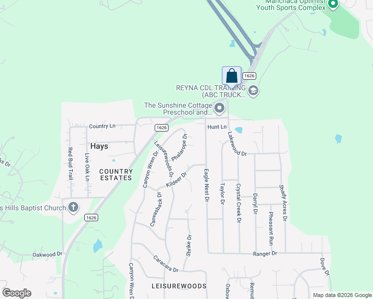 map of restaurants, bars, coffee shops, grocery stores, and more near 118 Phalarope Drive in Buda
