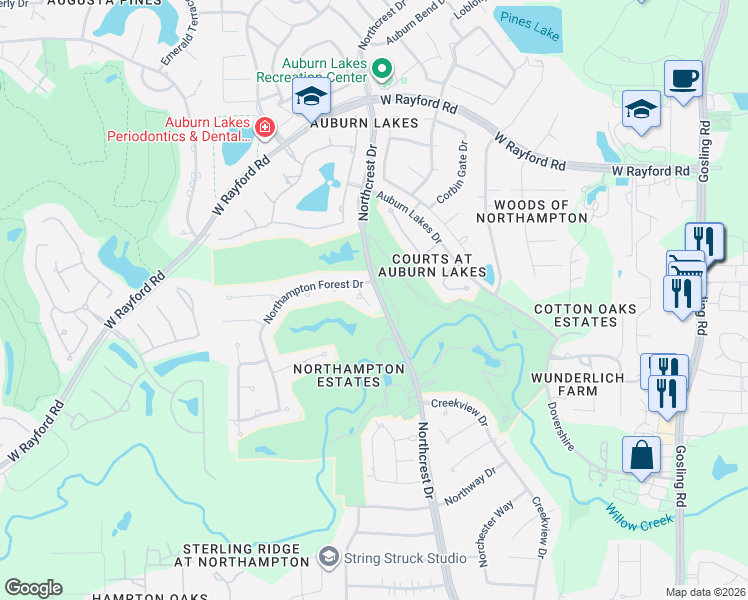 map of restaurants, bars, coffee shops, grocery stores, and more near 25026 Northampton Terrace Drive in Spring