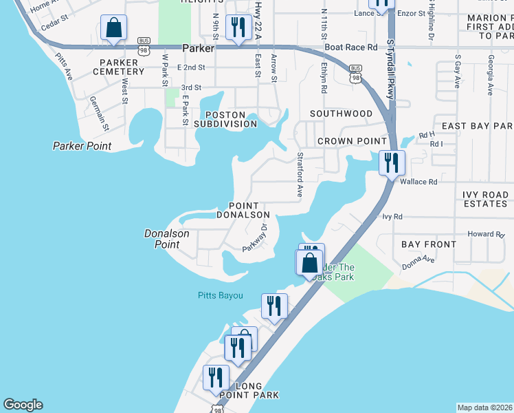 map of restaurants, bars, coffee shops, grocery stores, and more near 1360 Stratford Ave in Panama City