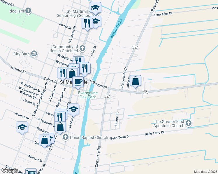 map of restaurants, bars, coffee shops, grocery stores, and more near 517 East Bridge Street in Saint Martinville