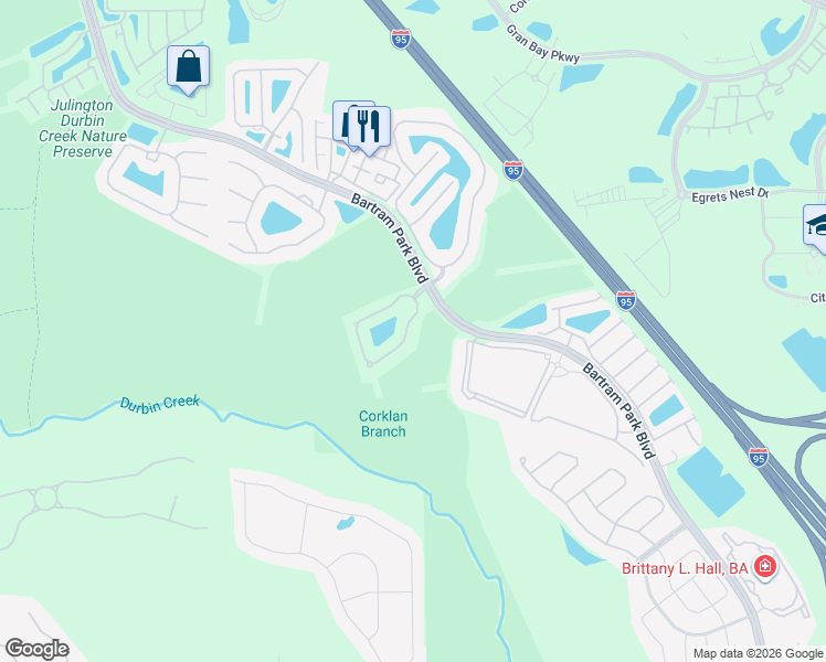 map of restaurants, bars, coffee shops, grocery stores, and more near 6553 Arching Branch Circle in Jacksonville