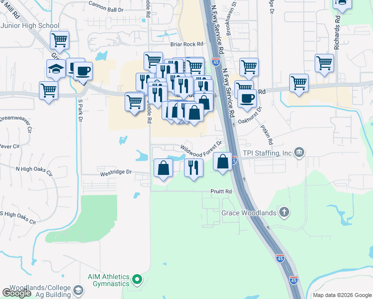 map of restaurants, bars, coffee shops, grocery stores, and more near Wildwood Forest Drive in Spring