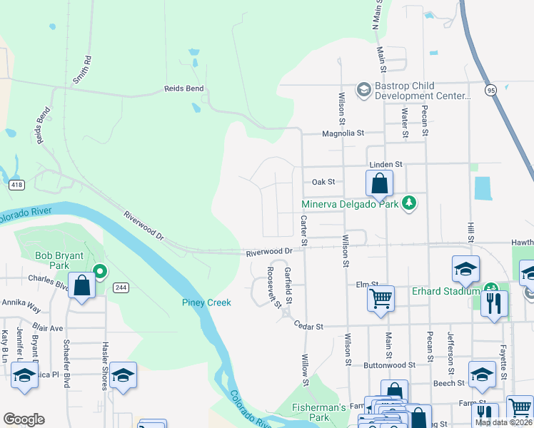 map of restaurants, bars, coffee shops, grocery stores, and more near 1930 Dragonfly Loop in Bastrop