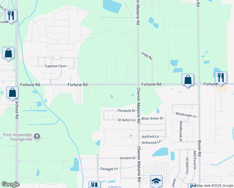 map of restaurants, bars, coffee shops, grocery stores, and more near 500 Fortune Road in Youngsville
