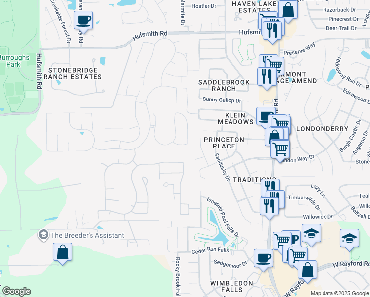 map of restaurants, bars, coffee shops, grocery stores, and more near 24907 Heather Glade Trail in Tomball