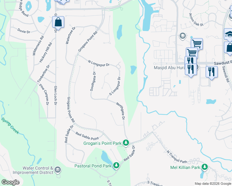 map of restaurants, bars, coffee shops, grocery stores, and more near 2 Shaker Lane East in Spring