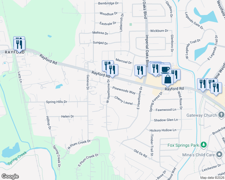 map of restaurants, bars, coffee shops, grocery stores, and more near 1802 Pinewoods Way in Spring