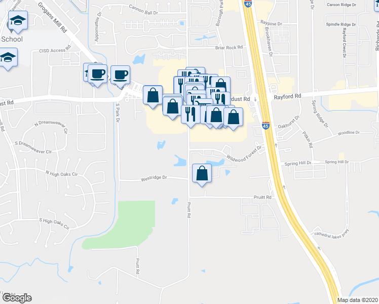 map of restaurants, bars, coffee shops, grocery stores, and more near 24810 Budde Road in The Woodlands