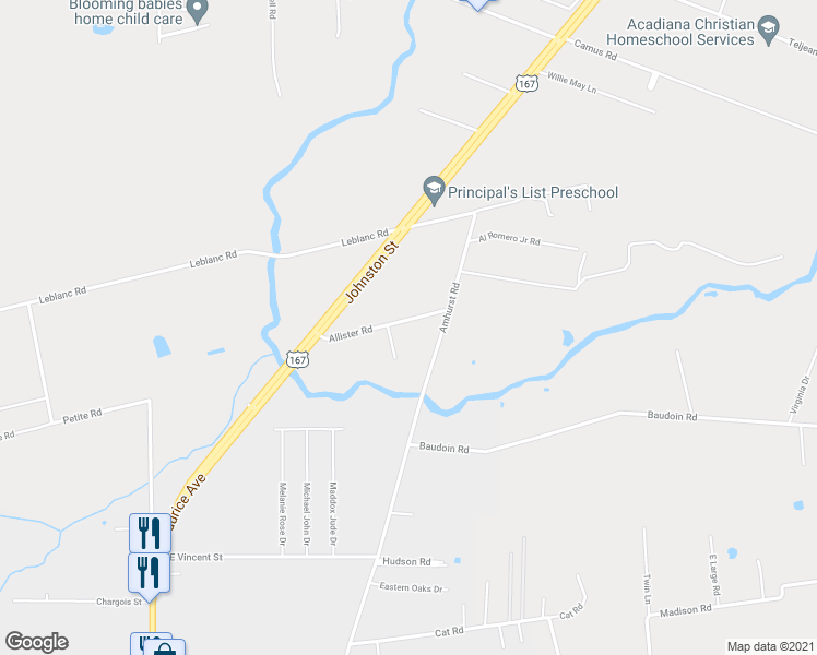 map of restaurants, bars, coffee shops, grocery stores, and more near 127 Allister Road in Maurice